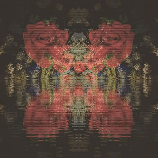 Digital art featuring roses arched over a river at night.